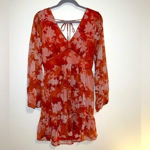 Burnt orange, sheer long sleeve, open back mini dress